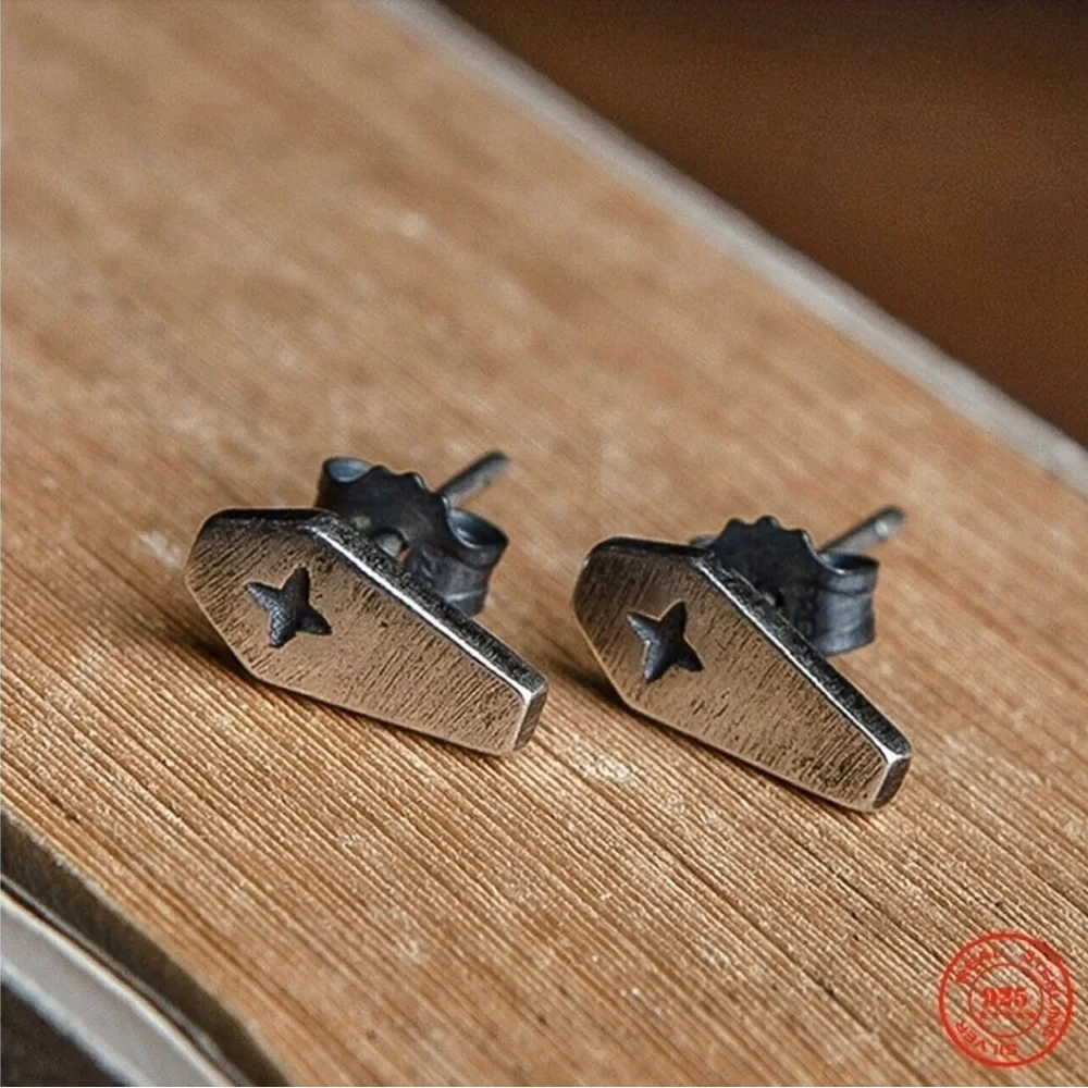 Single Accent 925 Sterling Silver Creative Retro Death Cross Coffin Stud Earring